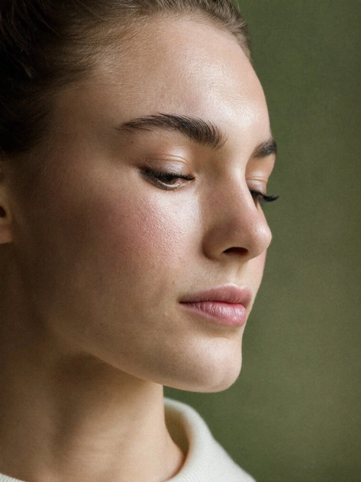 Conceptual campaign image: close-up of a naturally groomed eyebrow and lowered eye against an olive background